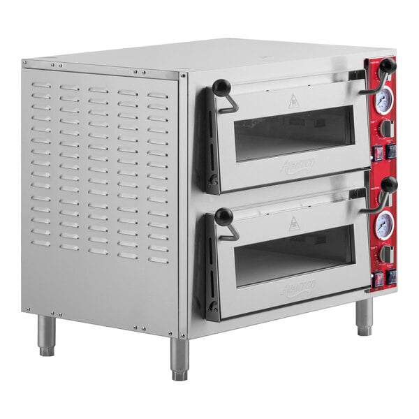 A double deck countertop pizza and bakery oven with two independent chambers and control dials on the side.