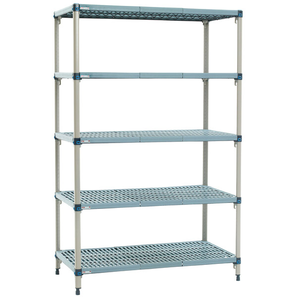 A blue MetroMax Q metal shelving unit with four shelves.