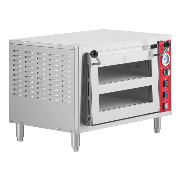 A stainless steel double deck countertop pizza and bakery oven with control knobs and a temperature gauge on the right side.