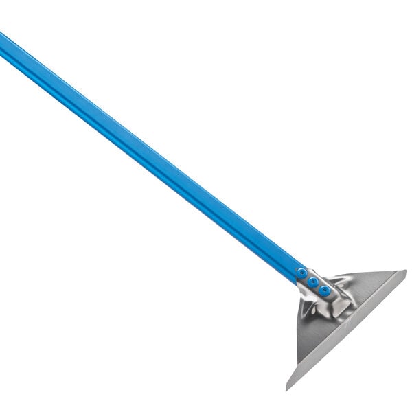A stainless steel pizza oven rake with a blue handle.