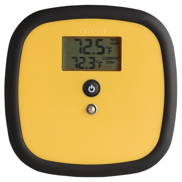 A yellow and black digital thermometer with a screen and buttons.