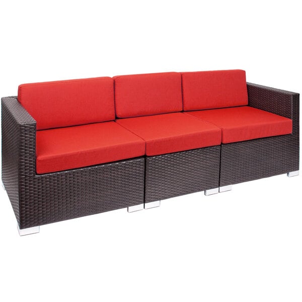 Bfm Seating Ph5101jvw 5477 Aruba Java Wicker Outdoor Indoor Sectional Sofa With Logo Red Cushions - Java Wicker Sectional Patio Set With Cushions