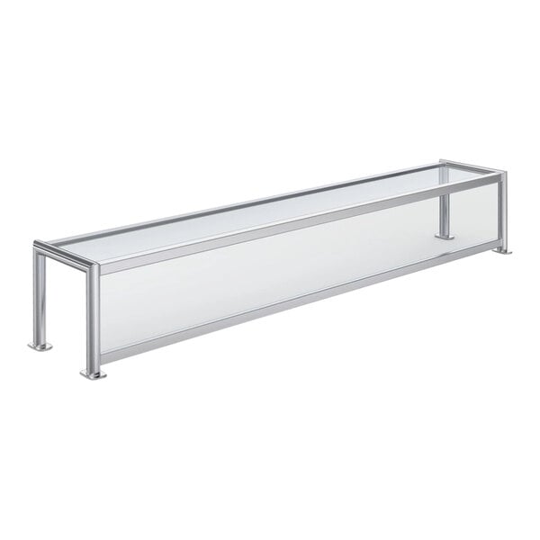 A metal frame with a glass shelf and metal legs.