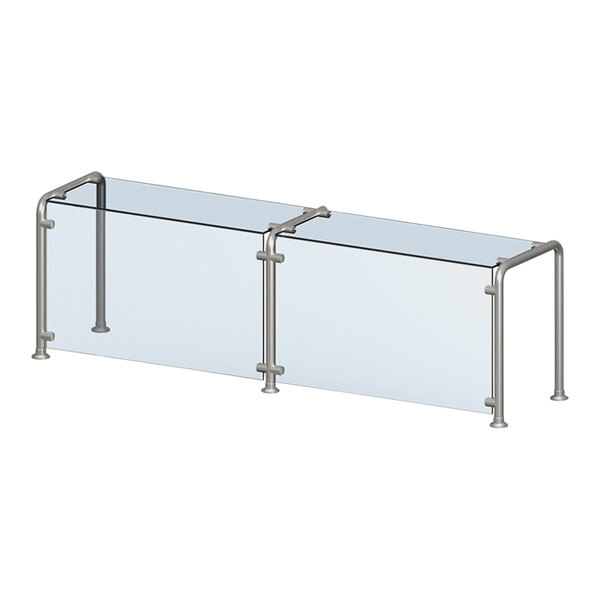 A glass shelf with metal rods and a silver pole with a cross on it over a Vollrath Contemporary Style Sneeze Guard.