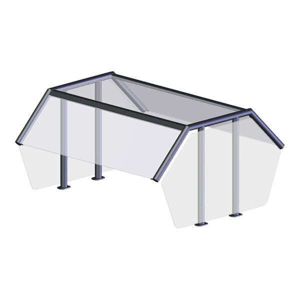 A transparent glass table with metal legs.