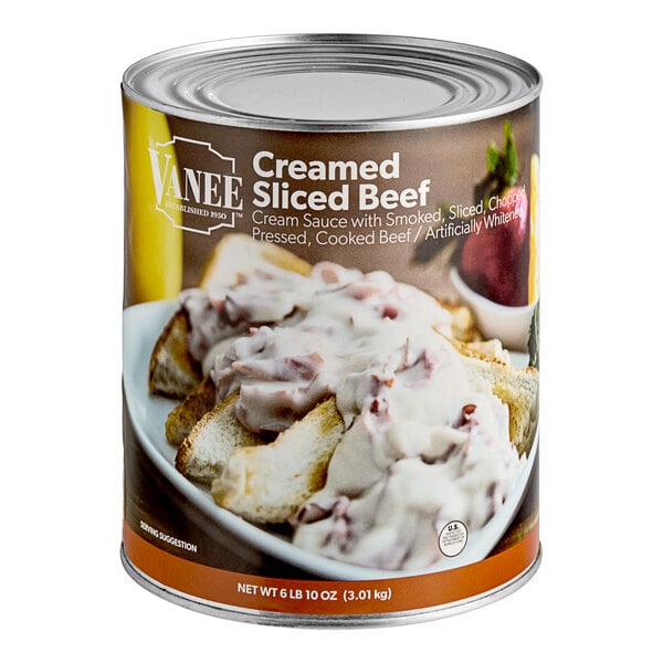 A Vanee #10 can of creamed sliced beef with a label.