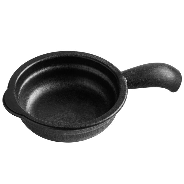 A black polypropylene serving bowl with a handle.
