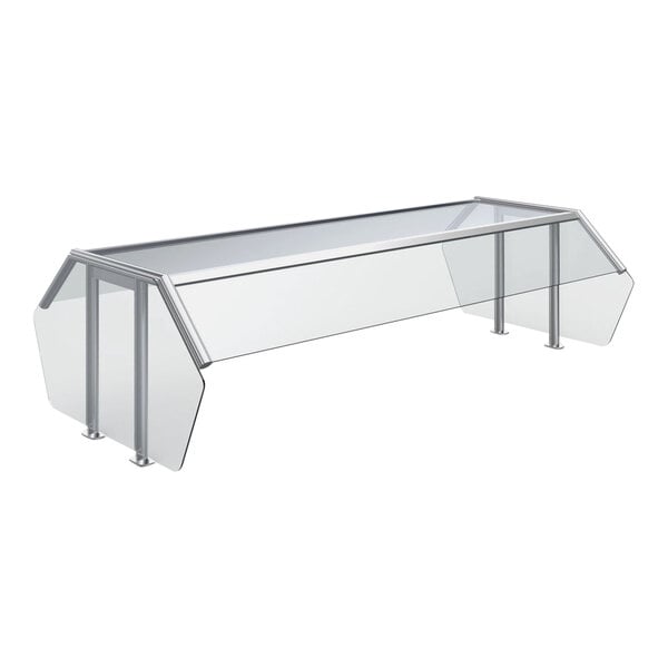 A Vollrath traditional style double-sided buffet sneeze guard with clear plastic shelves.
