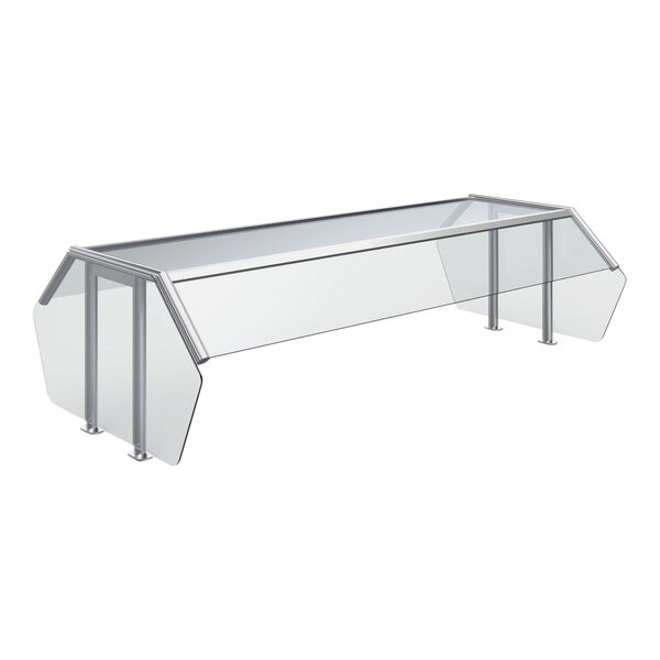 A Vollrath double-sided buffet sneeze guard with clear plastic shelves and legs.