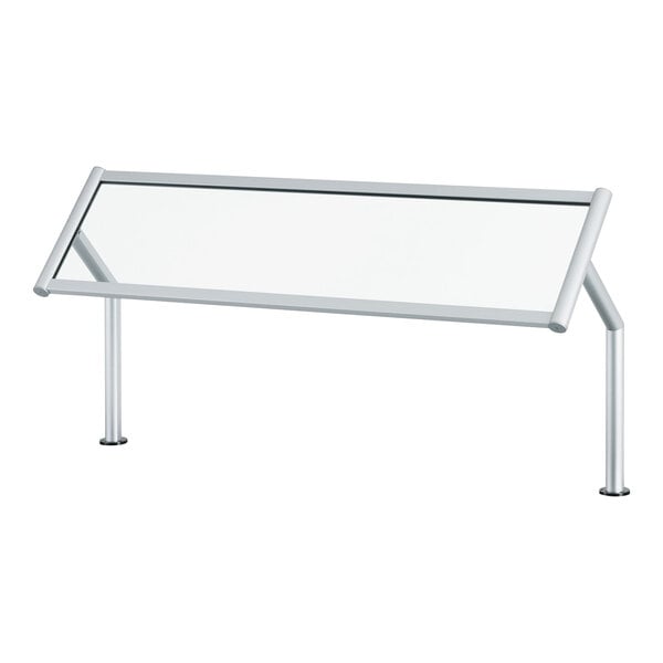 A single-sided buffet sneeze guard with a metal frame and clear panel, designed for food protection.