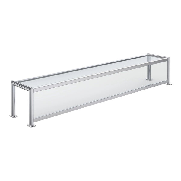 A metal frame with a glass sneeze guard shelf on top.