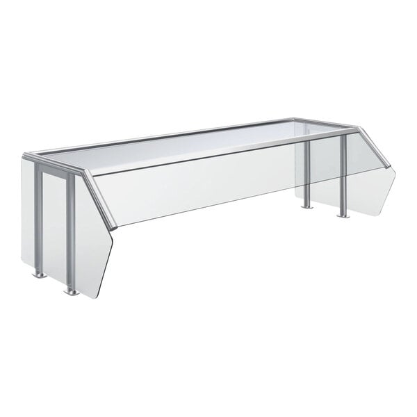 A clear glass panel with metal legs over a counter.