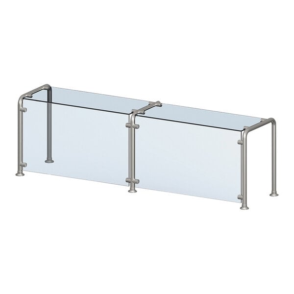 A Vollrath cafeteria sneeze guard with a glass shelf and metal rods.