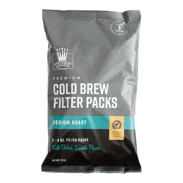 A bag of Crown Beverages premium cold brew filter packs, medium roast, for making 1 gallon of cold brew coffee.