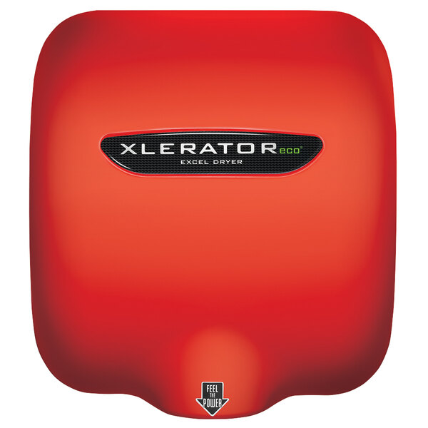 A red and black Excel XLERATOReco hand dryer.