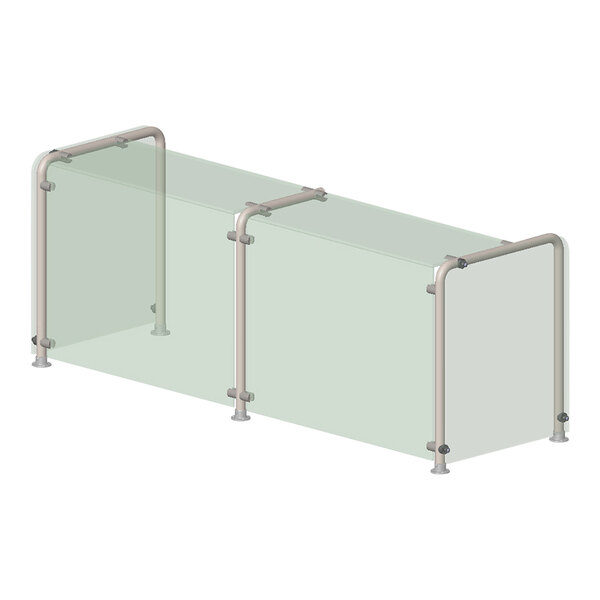 A white rectangular glass sneeze guard with metal bars and a glass shelf.