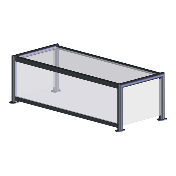 A glass box with a metal frame used as a sneeze guard for a table.
