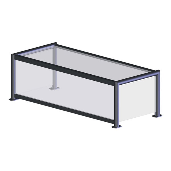 A glass box with a metal frame that sits on a table.