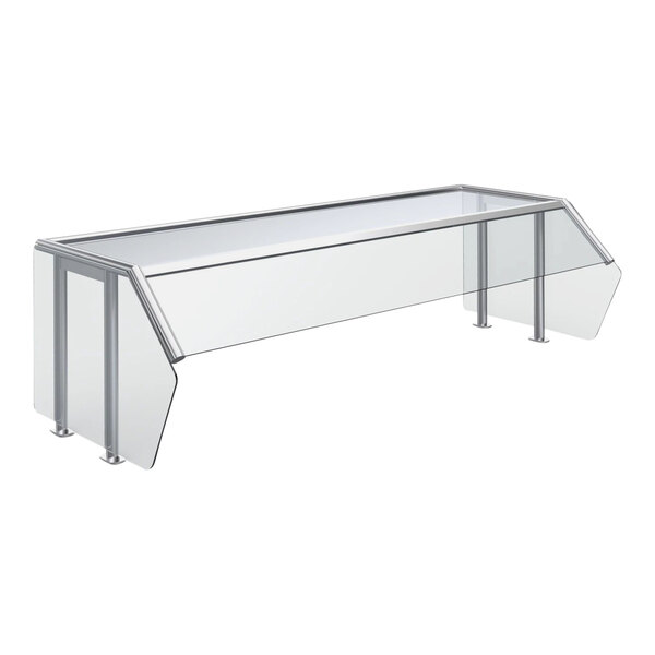 A Vollrath single-sided clear glass sneeze guard panel on metal legs.