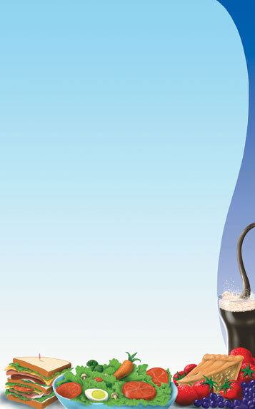 Menu paper with a coffee shop table setting design on a menu with a sandwich and a cup of coffee.