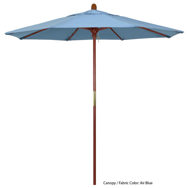 A blue California Umbrella with a hardwood pole.