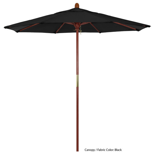 A black California Umbrella with Sunbrella canopy and wooden pole.