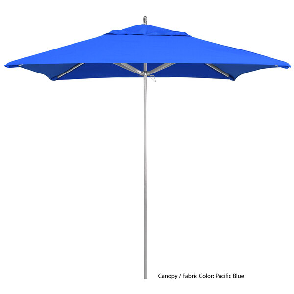 A blue California Umbrella with Sunbrella canopy on an aluminum pole.
