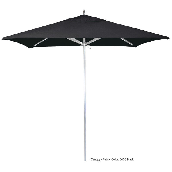 A black umbrella with a Sunbrella canopy and a white pole.