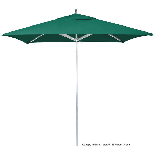 A green California Umbrella with a Sunbrella canopy and aluminum pole.