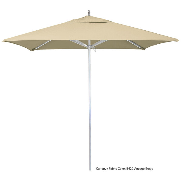 A California Umbrella Rodeo Sunbrella canopy on a white pole.