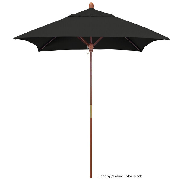 A black California Umbrella with a Sunbrella canopy and a wooden pole.