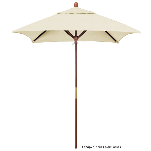 A California Umbrella Grove square outdoor umbrella with a Sunbrella beige canopy and a hardwood pole.