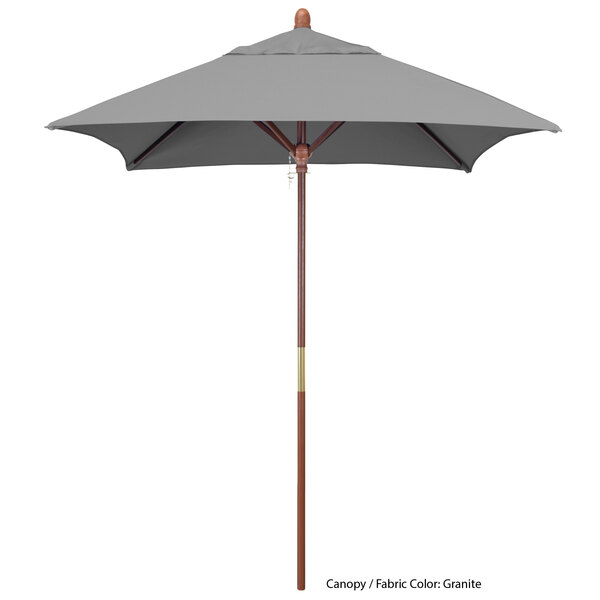 A California Umbrella Grove square outdoor umbrella with a Sunbrella grey canopy and hardwood pole.