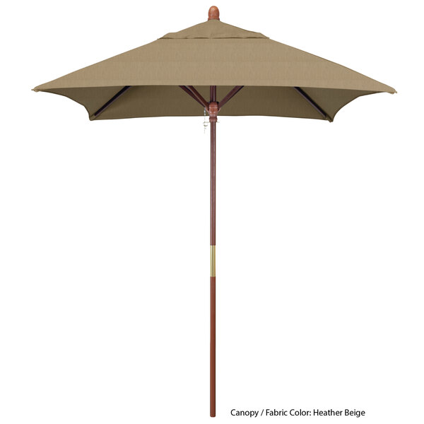 A tan Sunbrella canopy on a California Umbrella with a hardwood pole.