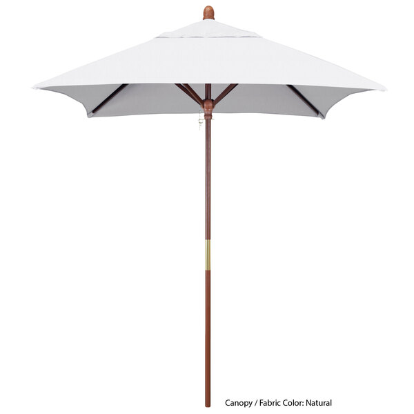 A white umbrella with a wooden pole.