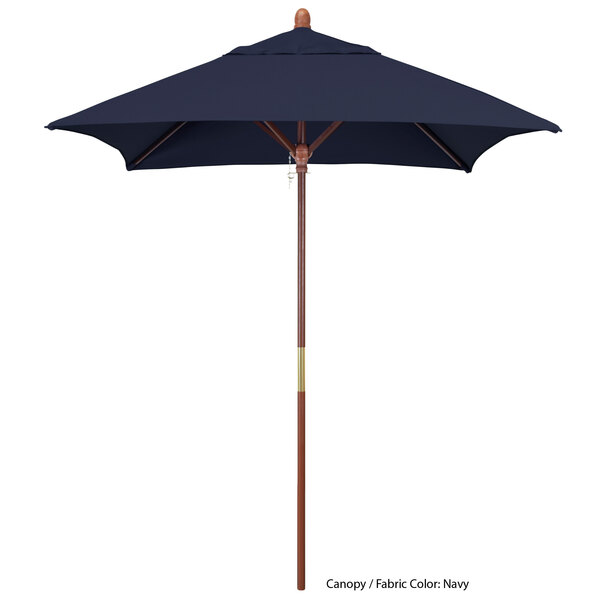 A blue California Umbrella with a hardwood pole.