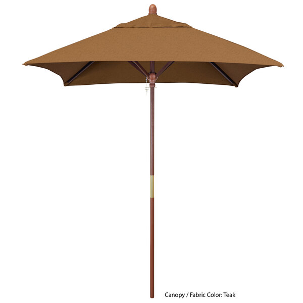 A close-up of a brown California Umbrella with a pole and Sunbrella canopy.
