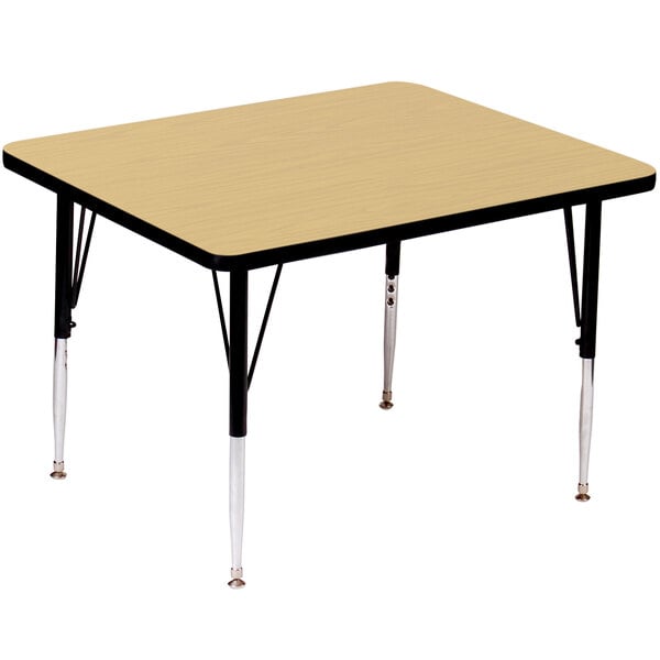 A rectangular Correll activity table with black legs and a fusion maple top.