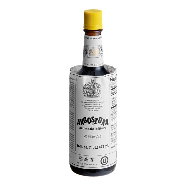 A 16 fl. oz. bottle of Angostura aromatic bitters with a yellow cap and a distinctive oversized label.