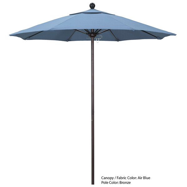 A blue California Umbrella with Sunbrella canopy on an aluminum pole.