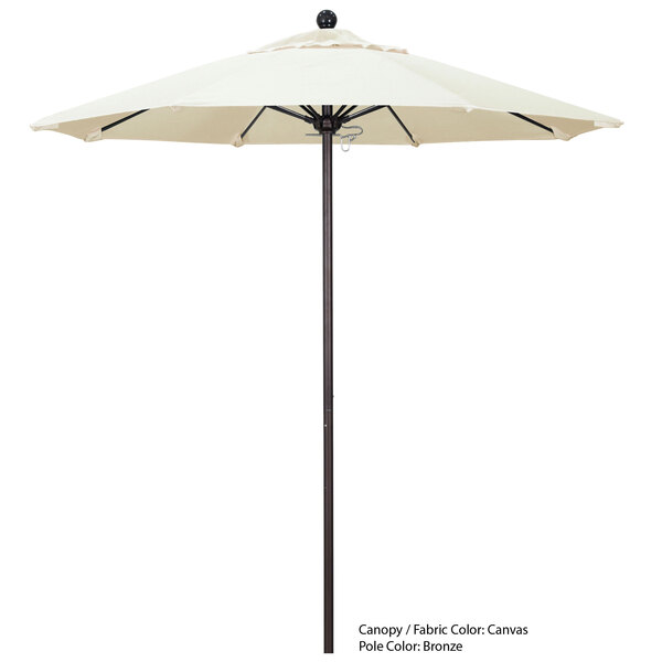 A white California Umbrella on an aluminum pole.