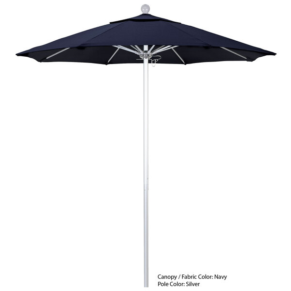 A black California Umbrella ALTO round outdoor table umbrella with a white pole.