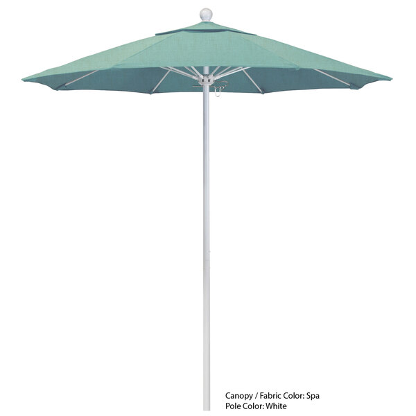A close-up of a blue California Umbrella with a Sunbrella canopy on a white background.