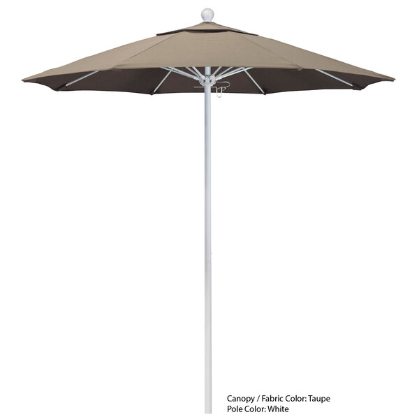 A white California Umbrella with a Sunbrella canopy on a white pole.