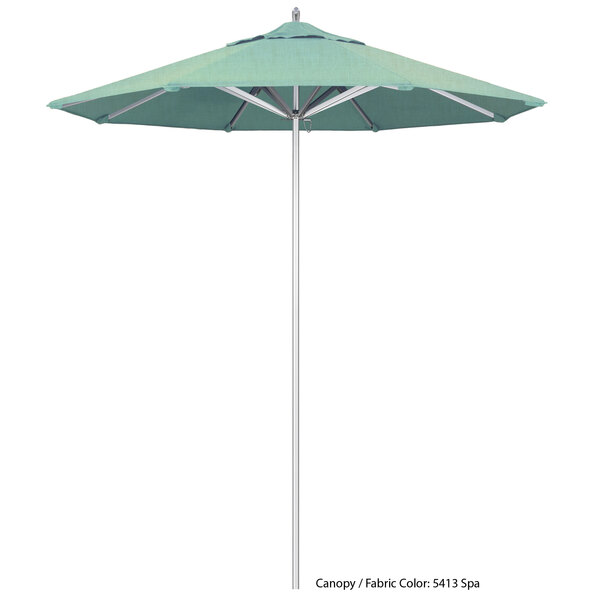 A green California Umbrella with a Sunbrella 1A canopy on an aluminum pole.