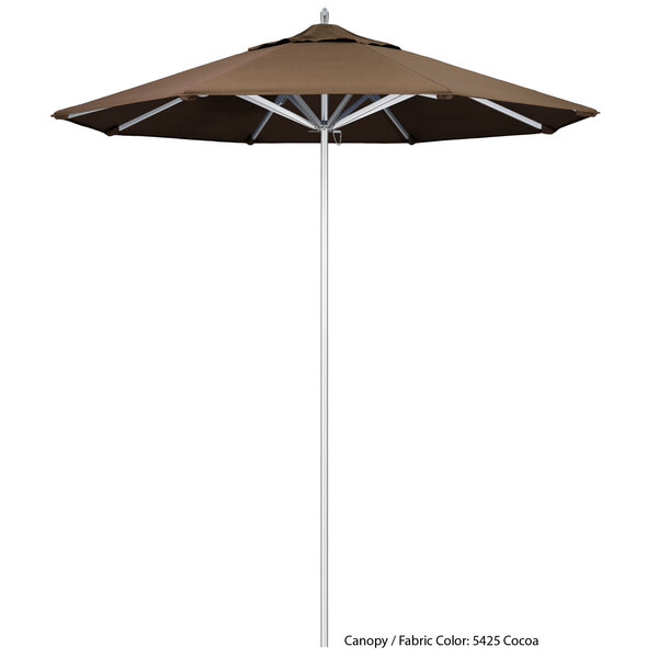 A brown California Umbrella with a Sunbrella canopy on a white background.