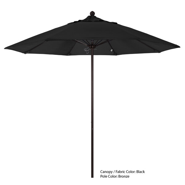 A black California Umbrella with a Sunbrella canopy and aluminum pole.