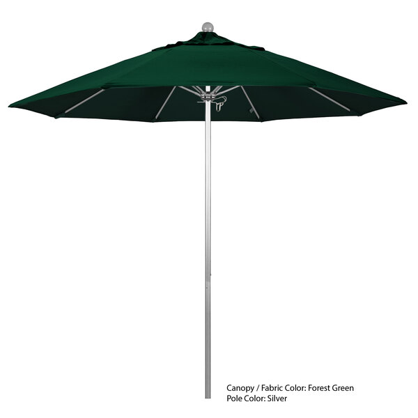 A green California Umbrella with a metal pole on a white background.
