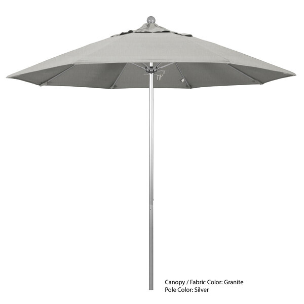 A grey California Umbrella with a white pole.