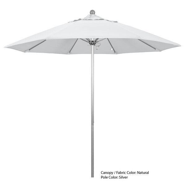 A white California Umbrella with a metal pole.